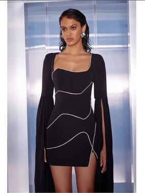Black Crystal-Trim Square Neck Mini Dress with Dramatic Sleeves